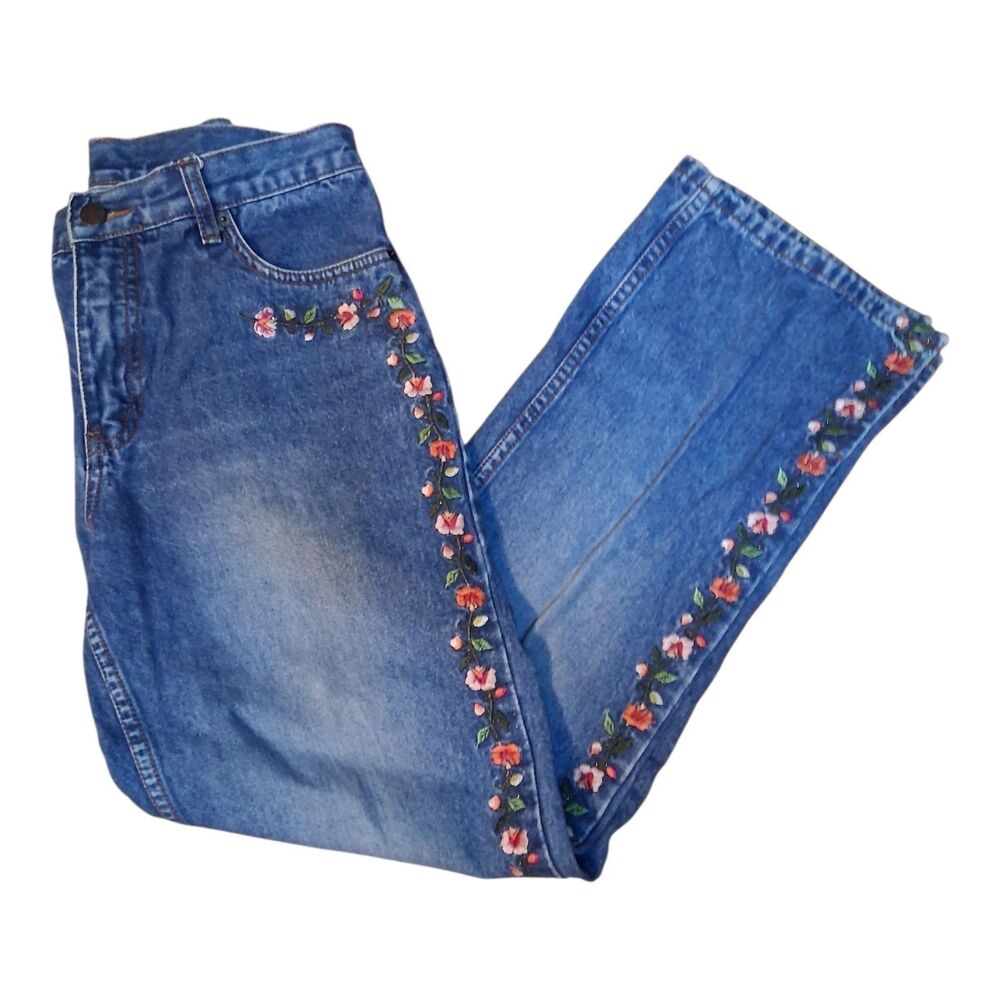 Bill Blass Women's 4 Petite Floral Embroidered Blue Jeans Hem Slits Vintage